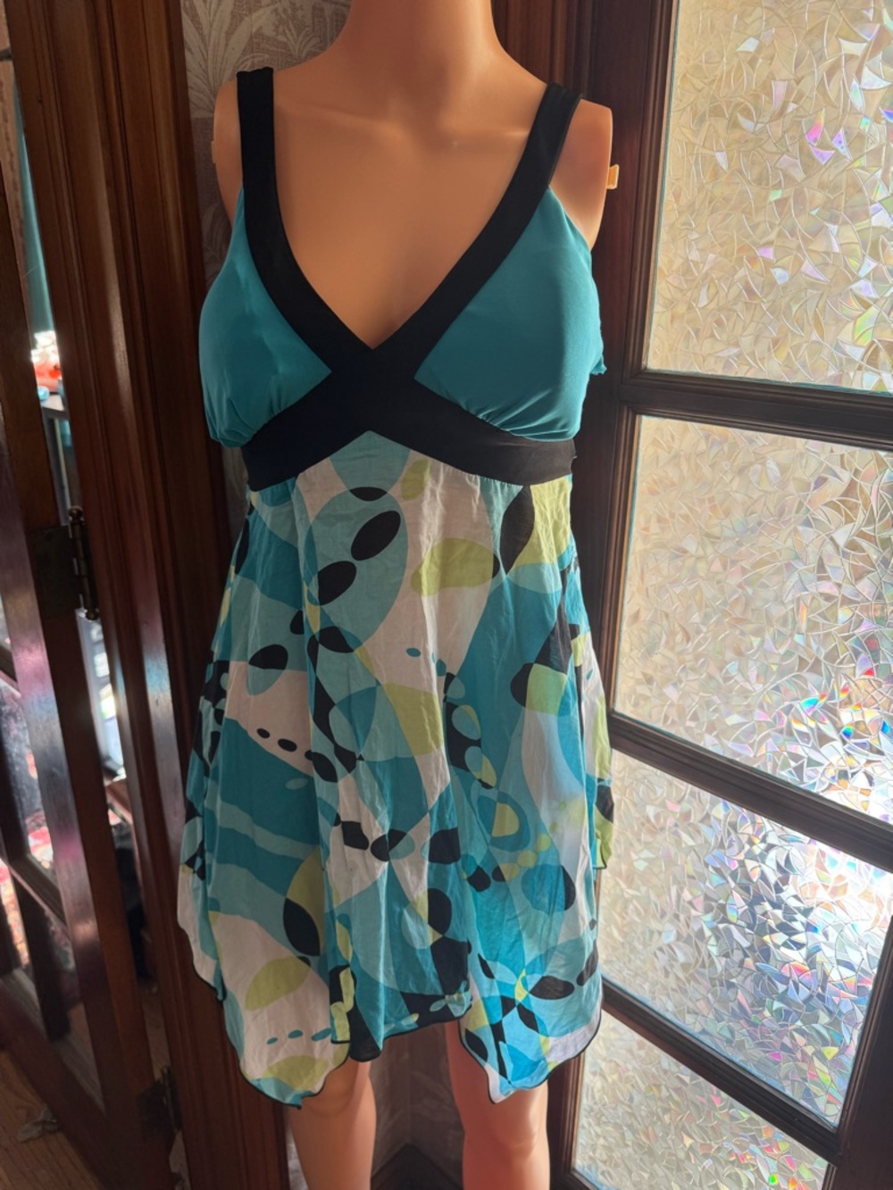 Cato Women's S Blue Sleevless Geometric Top Mini Dress Hankerchief Hem Y2K 90s